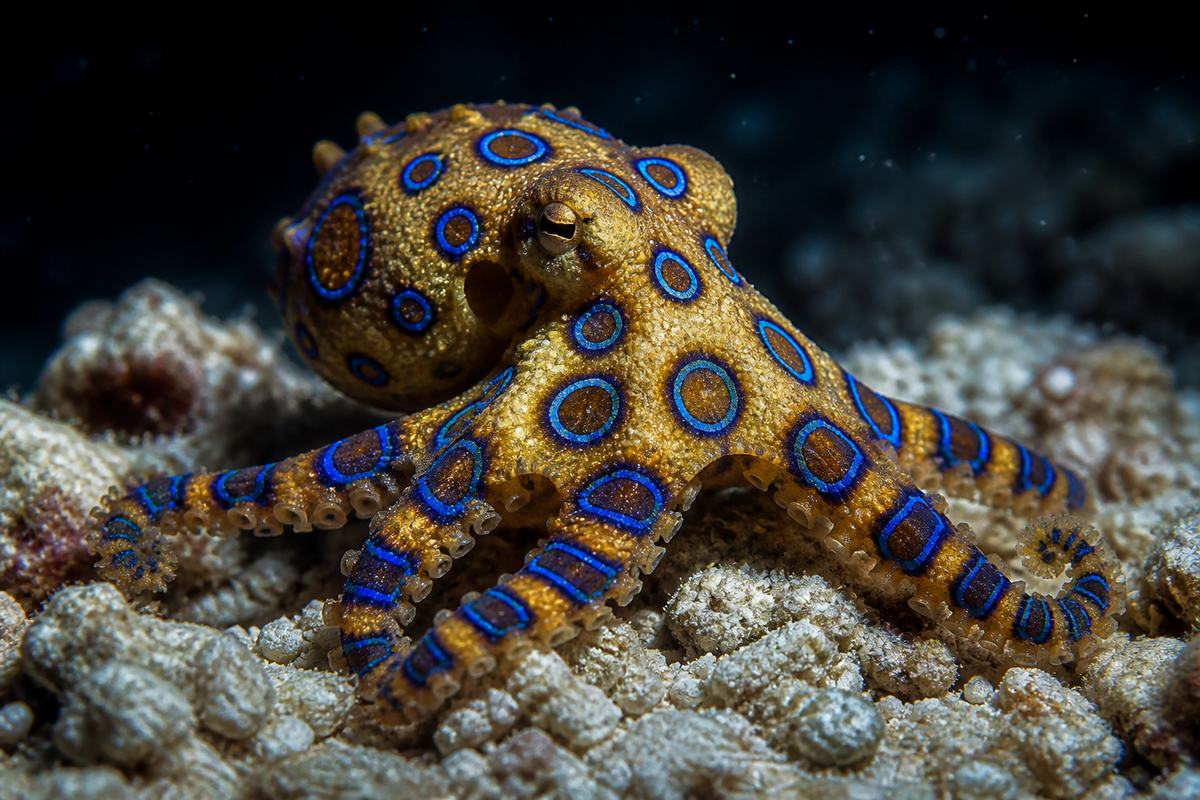 Polvo-de-anéis-azuis sobre cascalho de coral, com os anéis em exibição de alerta