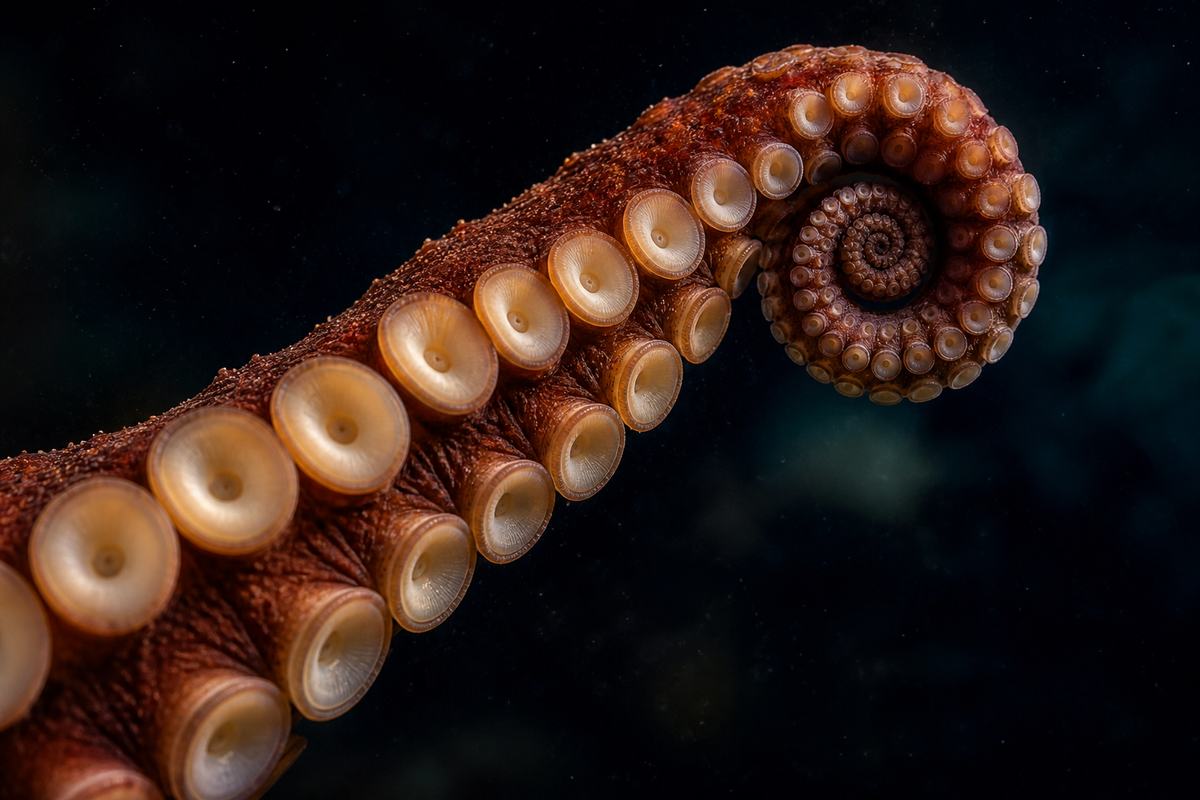 Braço de polvo curvado em espiral, com as duas fileiras de ventosas em detalhe macro