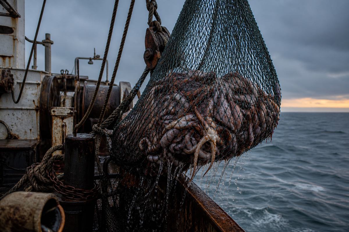 Rede de arrasto sendo içada na popa de um barco de pesca ao amanhecer, carregada de lulas e polvos