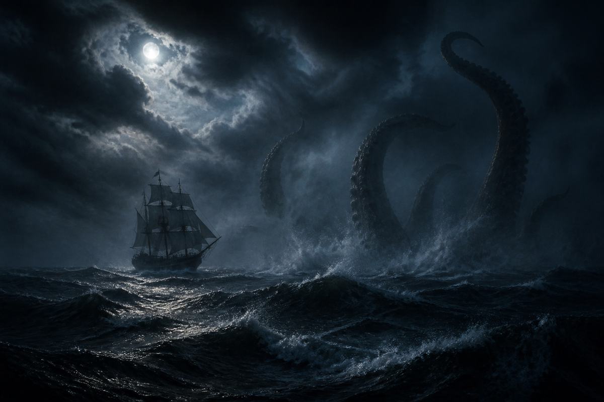 Ilustração de um veleiro à noite ao lado de tentáculos gigantes emergindo do mar revolto