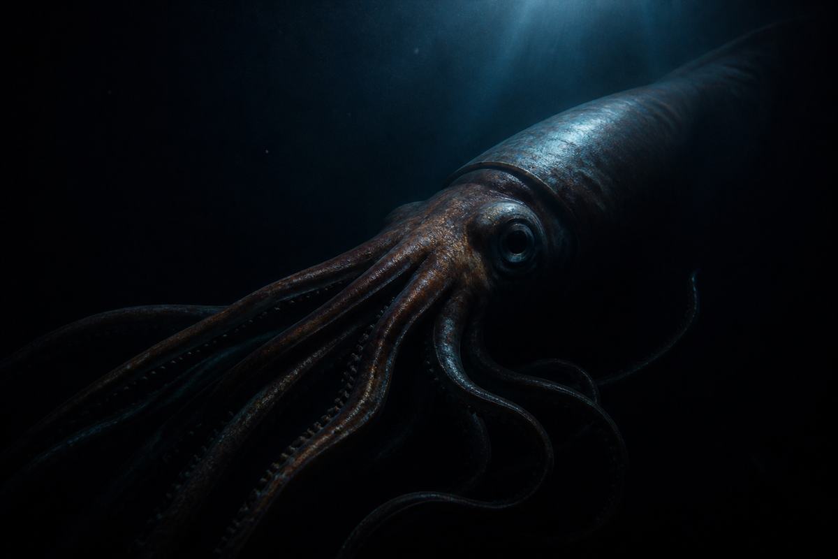 Lula-gigante emergindo da escuridão do mar profundo, com o olho refletindo um feixe de luz