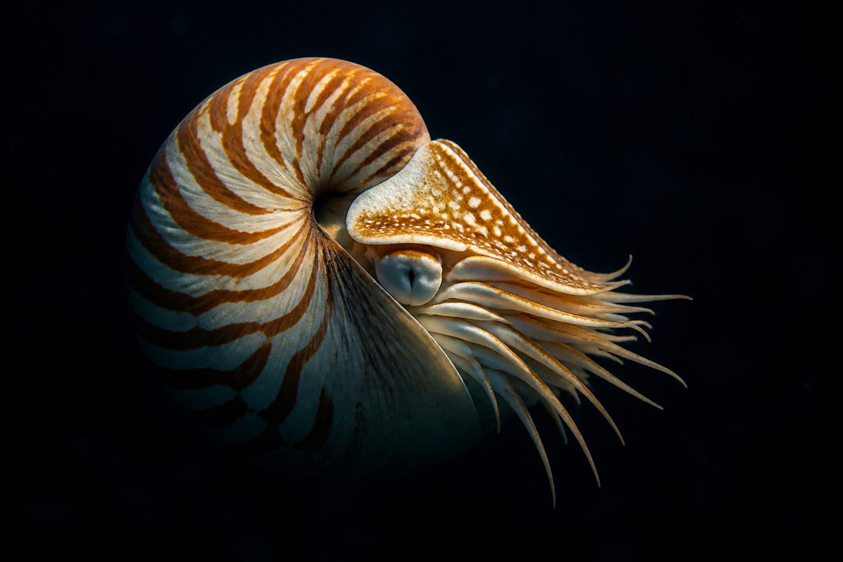 Nautilus com concha espiralada listrada flutuando em água escura