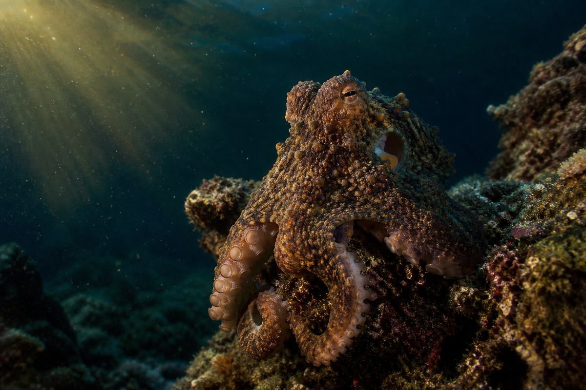 Polvo-comum apoiado em rocha submersa, iluminado por um feixe de luz âmbar