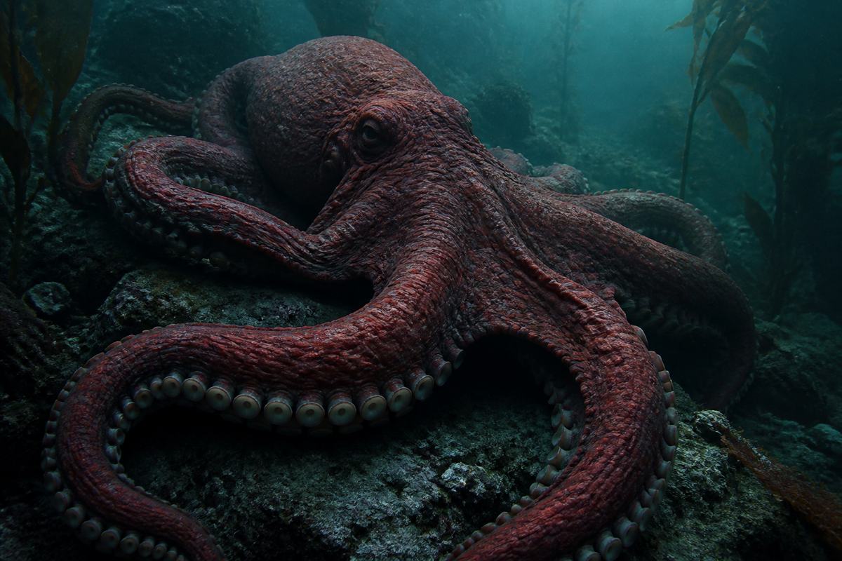Polvo-gigante-do-pacífico de pele avermelhada e enrugada estendido sobre uma pedra em água fria