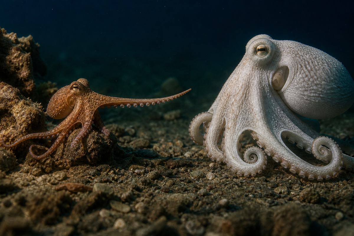 Dois polvos de tamanhos diferentes frente a frente no fundo do mar, um deles esticando um braço