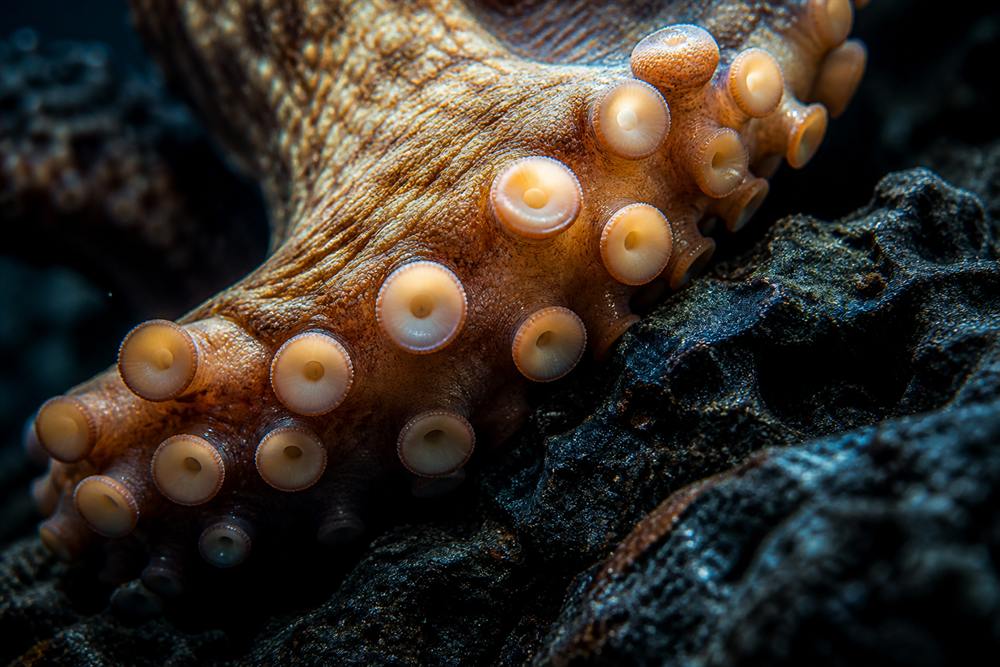 Detalhe macro das ventosas de um braço de polvo sobre rocha escura